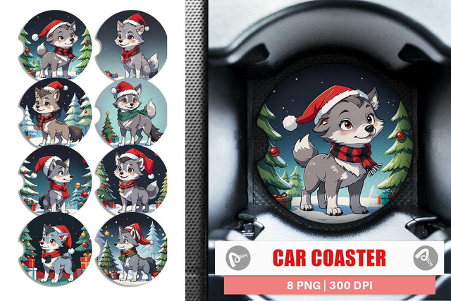 Car Coaster Cartoon Christmas Wolf Sublimation artnoy 