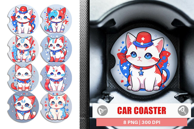 Car Coaster Cat 4th July Sublimation artnoy 