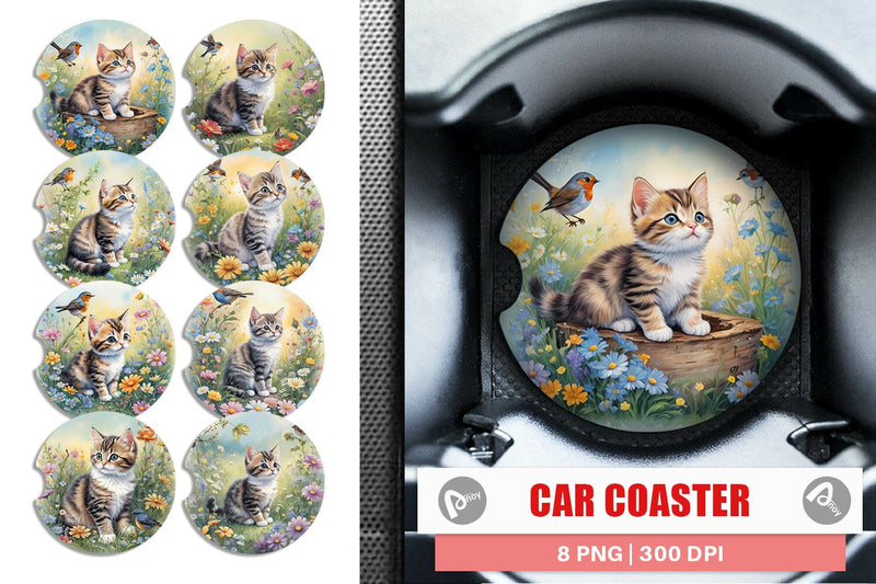 Car Coaster Cat and Flowers Sublimation artnoy 