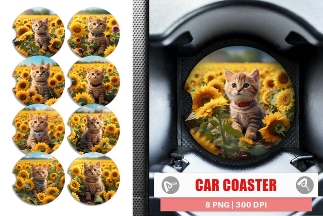 Car Coaster Cat and Sunflowers Sublimation artnoy 