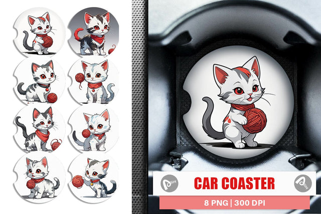 Car Coaster Cat and Yarn Ball Sublimation artnoy 