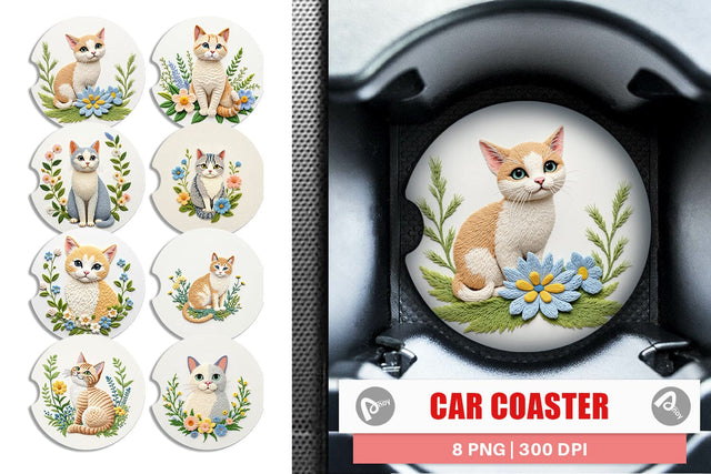 Car Coaster Cat Embroidery Sublimation artnoy 