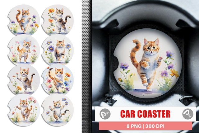 Car Coaster Cat in Summer Watercolor Sublimation artnoy 