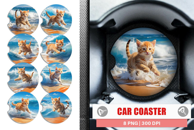 Car Coaster Cat Running on the Beach Sublimation artnoy 