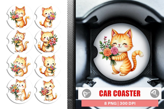 Car Coaster Cat Spring Bouquet Sublimation artnoy 