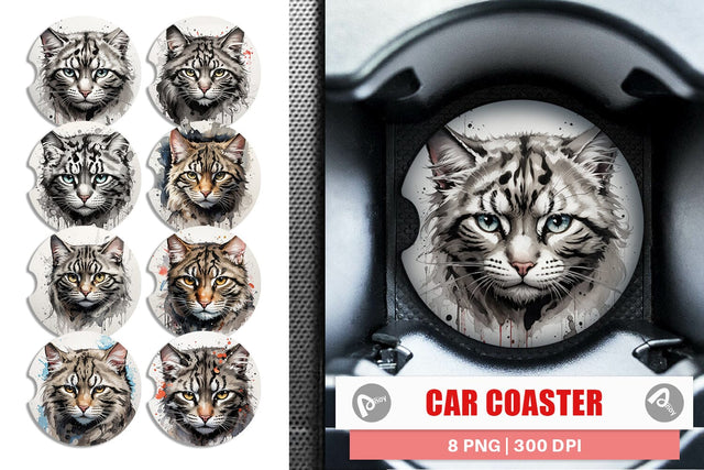 Car Coaster Cat Watercolor Ink Sublimation artnoy 