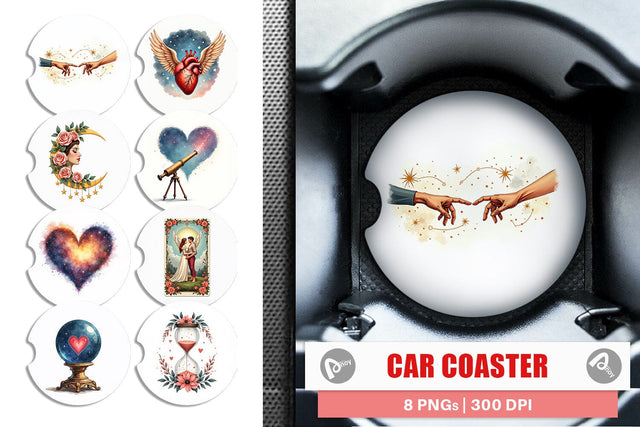 Car Coaster Celestial Love & Vintage Valentine Watercolor Sublimation artnoy 