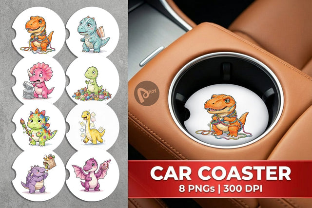 Car Coaster Chaotic Messy Baby Dino Watercolor Sublimation artnoy 
