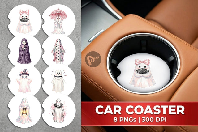 Car Coaster Charming Coquette Ghost Watercolor Sublimation artnoy 