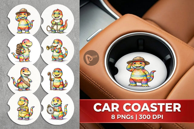 Car Coaster Cheerful Retro Scout Dino Watercolor Sublimation artnoy 