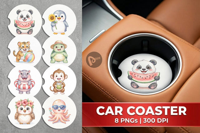 Car Coaster Cheerful Summer Animals Watercolor Sublimation artnoy 