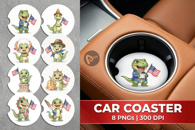 Car Coaster Chibi Founding Father Dino Watercolor Sublimation artnoy 