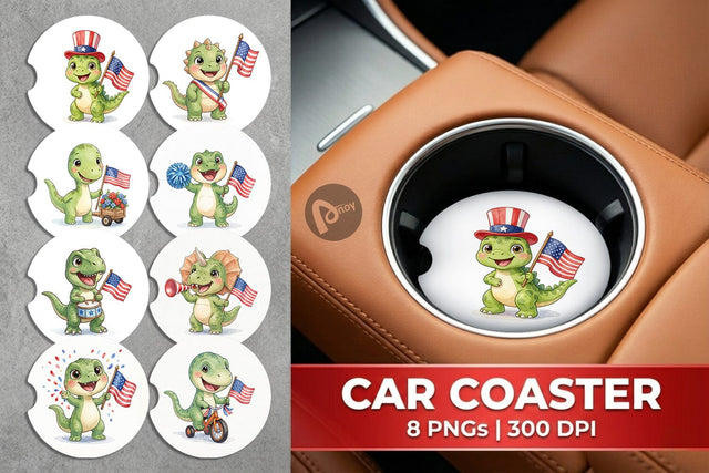 Car Coaster Chibi Patriotic Parade Dino Watercolor Sublimation artnoy 