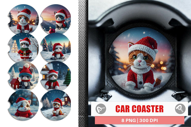Car Coaster Christmas Crochet Cat Sublimation artnoy 