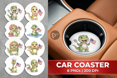 Car Coaster Chubby BBQ Dino Patriotic Watercolor Sublimation artnoy 