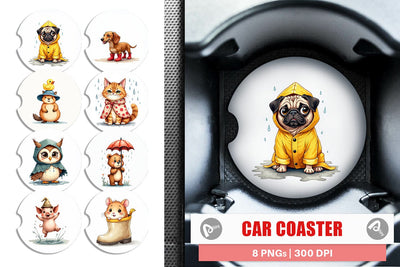 Car Coaster Chubby Raincoat Critters Watercolor Sublimation artnoy 
