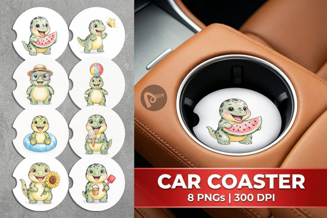 Car Coaster Chubby Summer Dinosaur Watercolor Sublimation artnoy 