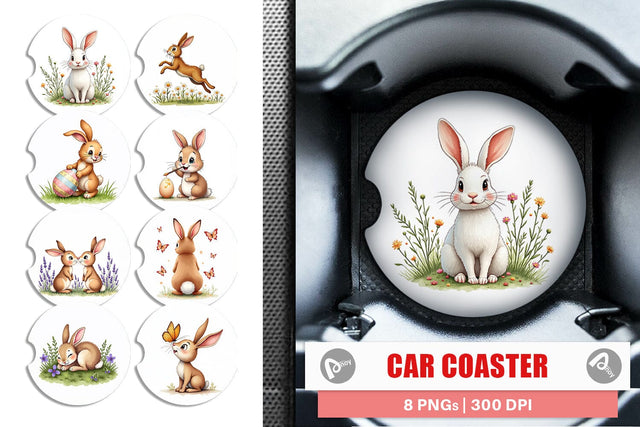 Car Coaster Classic Easter Bunnies in the Meadow Watercolor Sublimation artnoy 