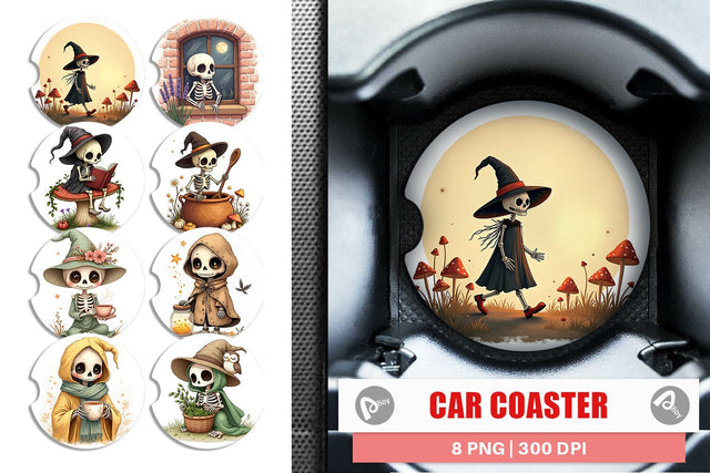 Car Coaster Cottagecore Witch Skeleton Sublimation artnoy 