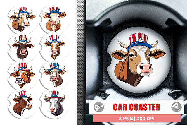 Car Coaster Cow Patriotic Sublimation artnoy 