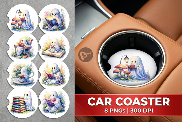 Car Coaster Cozy Bookworm Ghost Sublimation artnoy 