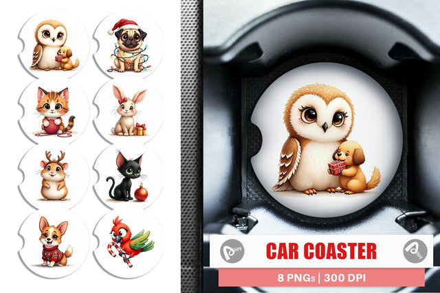 Car Coaster Cozy Christmas Pets Vintage Watercolor Companions Sublimation artnoy 