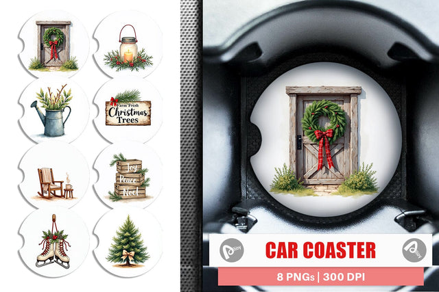 Car Coaster Cozy Farmhouse Christmas Decor Watercolor Sublimation artnoy 
