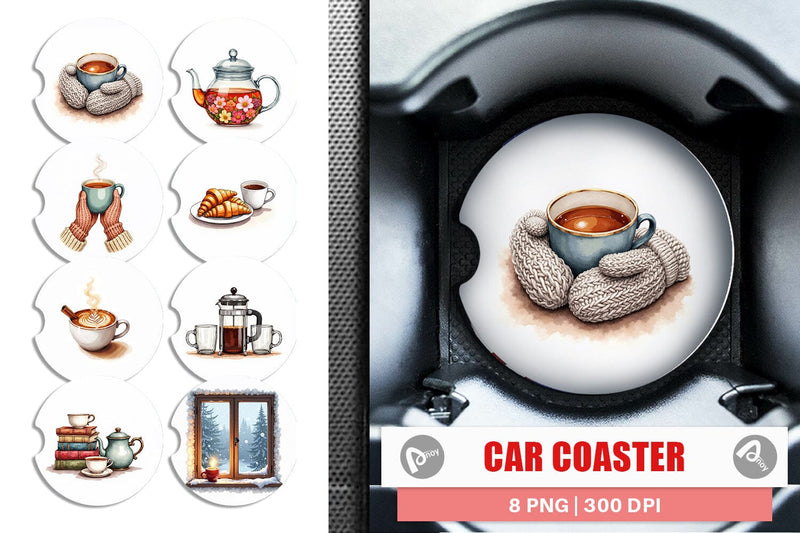 Car Coaster Cozy Winter Cafe Watercolor Sublimation artnoy 