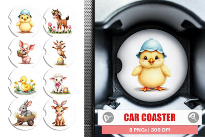 Car Coaster Cute Baby Farm Animals Easter Watercolor Sublimation artnoy 