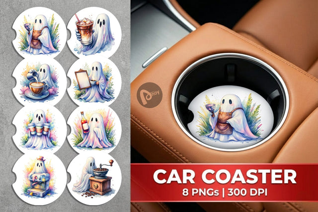 Car Coaster Cute Barista Coffee Ghost Sublimation artnoy 