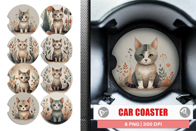 Car Coaster Cute Cat and Organic Forms Sublimation artnoy 