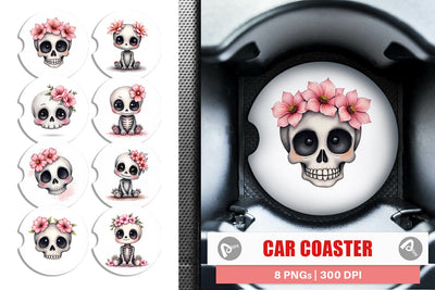 Car Coaster Cute Floral Skull Sublimation artnoy 