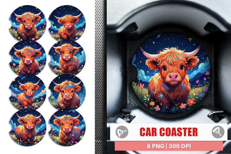 Car Coaster Cute Highland Cow Sublimation artnoy 