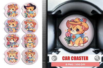 Car Coaster Cute Lion Cowboy Flower Sublimation artnoy 