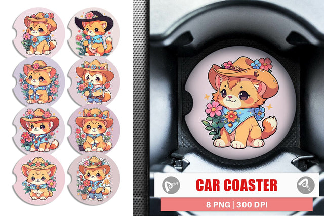 Car Coaster Cute Lion Cowboy Flower Sublimation artnoy 