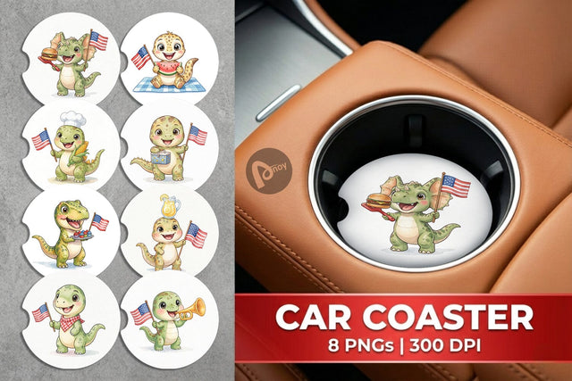 Car Coaster Cute Picnic BBQ Dino Watercolor Sublimation artnoy 