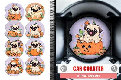 Car Coaster Cute Pug Dog Pumpkin Sublimation artnoy 