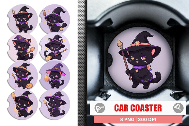 Car Coaster Cute Witchy Cat Halloween Sublimation artnoy 