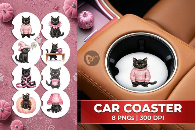 Car Coaster Cynical Black Cat Pink Retro Watercolor Sublimation artnoy 