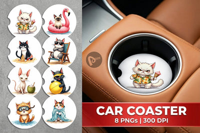 Car Coaster Cynical Summer Cats Watercolor Sublimation artnoy 