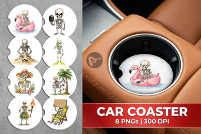 Car Coaster Disgruntled Summer Skeleton Watercolor Sublimation artnoy 
