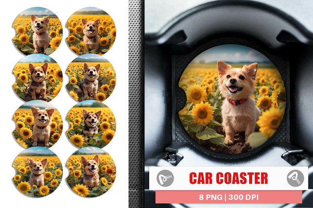 Car Coaster Dog and Sunflowers Sublimation artnoy 