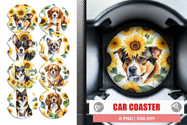 Car Coaster Dog With Sunflowers Sublimation artnoy 