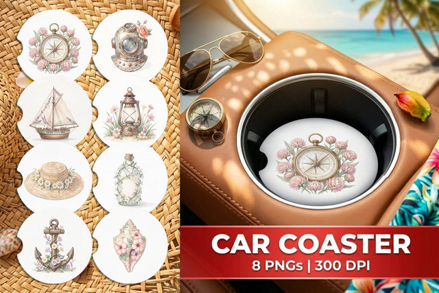 Car Coaster Elegant Coastal Summer Watercolor Sublimation artnoy 