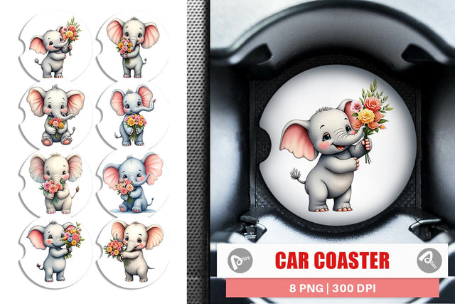 Car Coaster Elephant Spring Bouquet Sublimation artnoy 