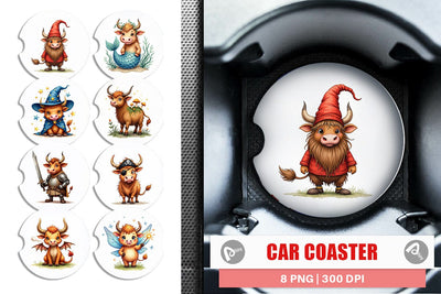 Car Coaster Enchanted Highland Cows UglyCute Fantasy Watercolor Sublimation artnoy 