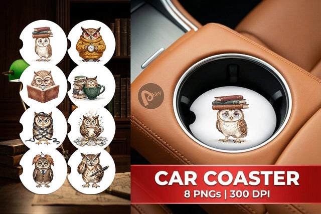 Car Coaster Exhausted Owl Dark Academia Watercolor Sublimation artnoy 