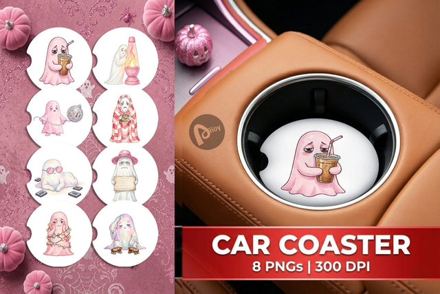 Car Coaster Exhausted Retro Ghost Pink Watercolor Sublimation artnoy 