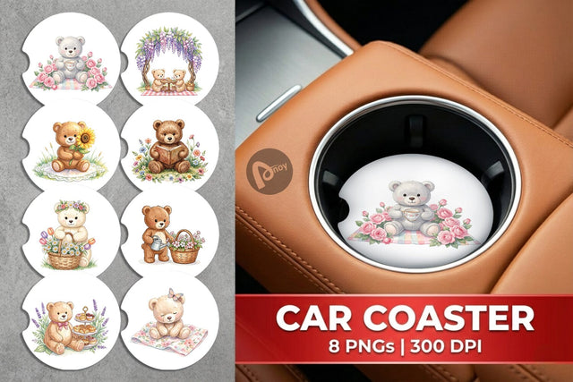 Car Coaster Floral Garden Teddy Bear Watercolor Sublimation artnoy 