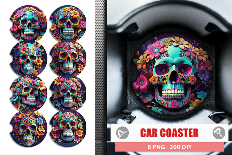 Car Coaster Floral Skull Sublimation artnoy 